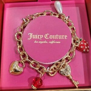 NWT Juicy Couture Gold Charm Bracelet with Strawberry, Heart, Key, Pearl Charms